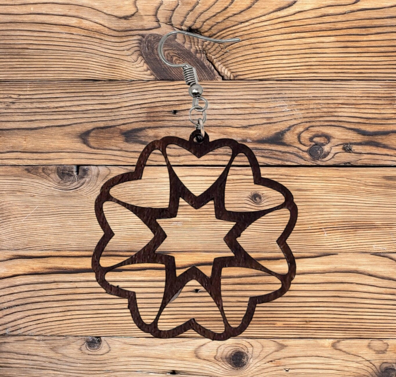 Heart Flower Mandala Earrings - Handmade Laser-Cut Wood Dangle Earrings, Boho Chic Jewelry"