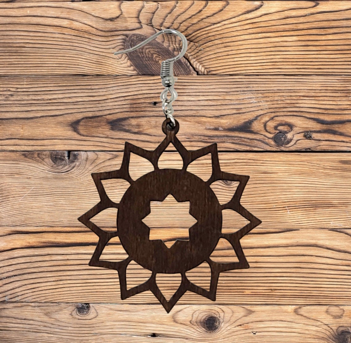 Handcrafted Wood Mandala Sunflower Earrings - Laser Cut, Nature-Inspired Boho Jewelry