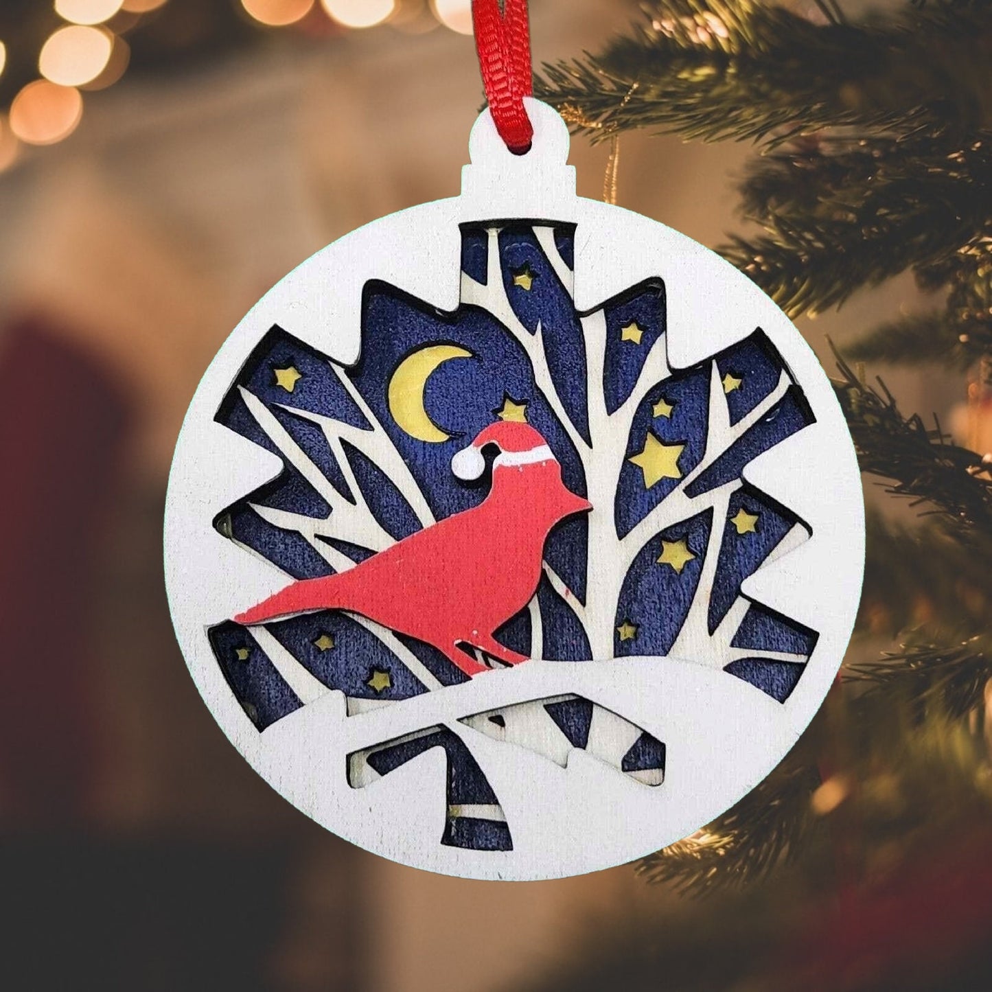Handcrafted Wooden Cardinal with Santa Hat Ornament, Laser Cut Christmas Bauble, Forest Night Scene Holiday Decor