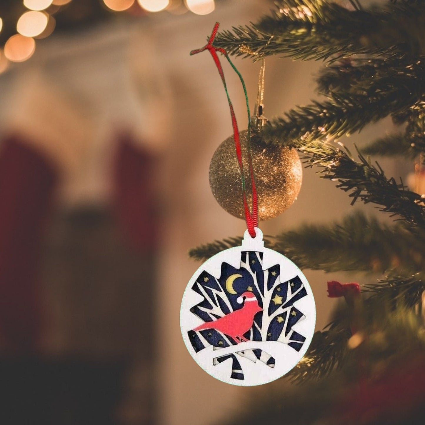 Handcrafted Wooden Cardinal with Santa Hat Ornament, Laser Cut Christmas Bauble, Forest Night Scene Holiday Decor