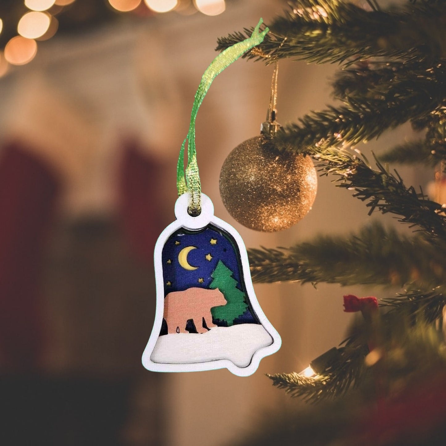 Handmade Christmas Ornament - Laser Cut Wooden Bell Shape Bauble with Tree, Brown Bear, and Moon Design