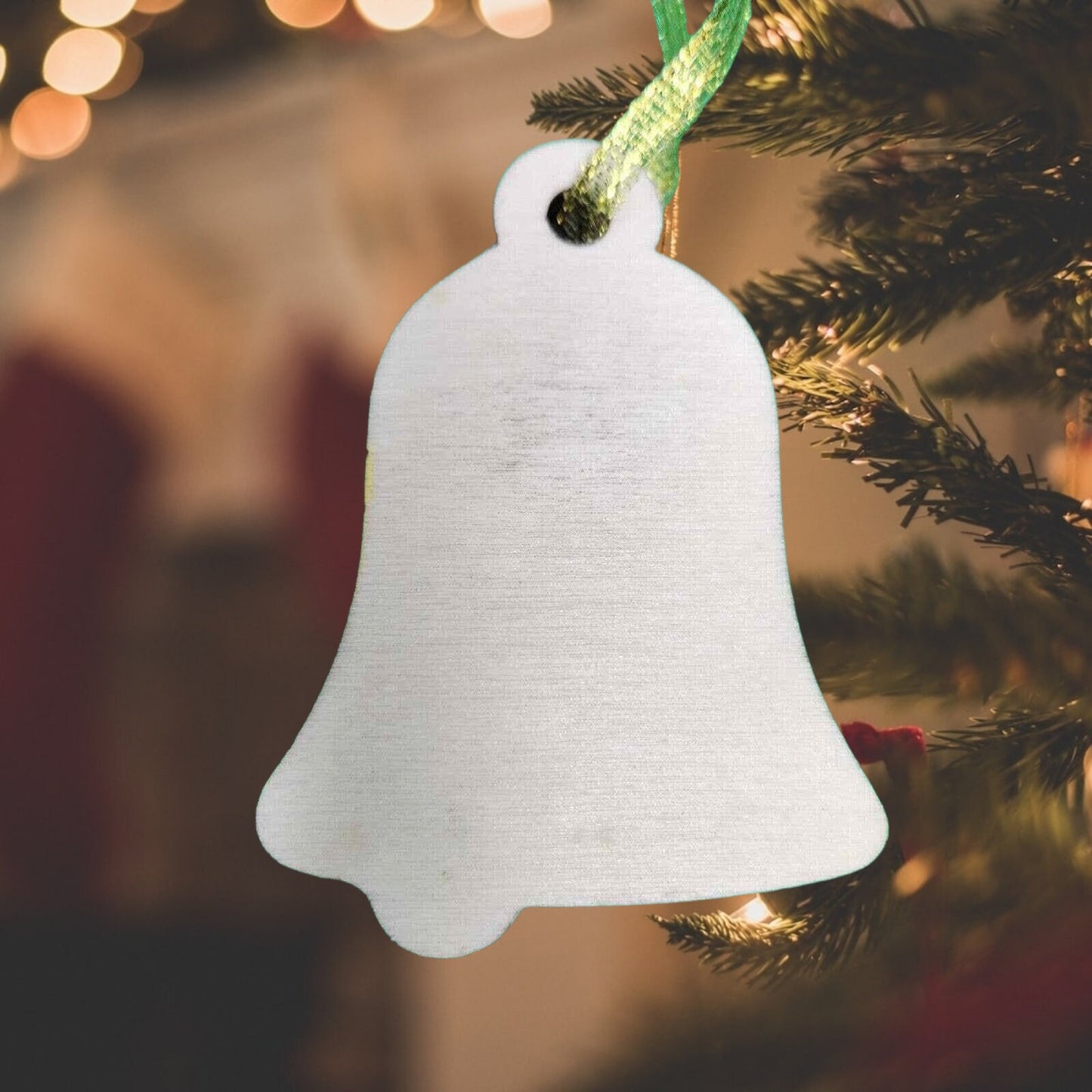 Handmade Christmas Ornament - Laser Cut Wooden Bell Shape Bauble with Tree, Brown Bear, and Moon Design