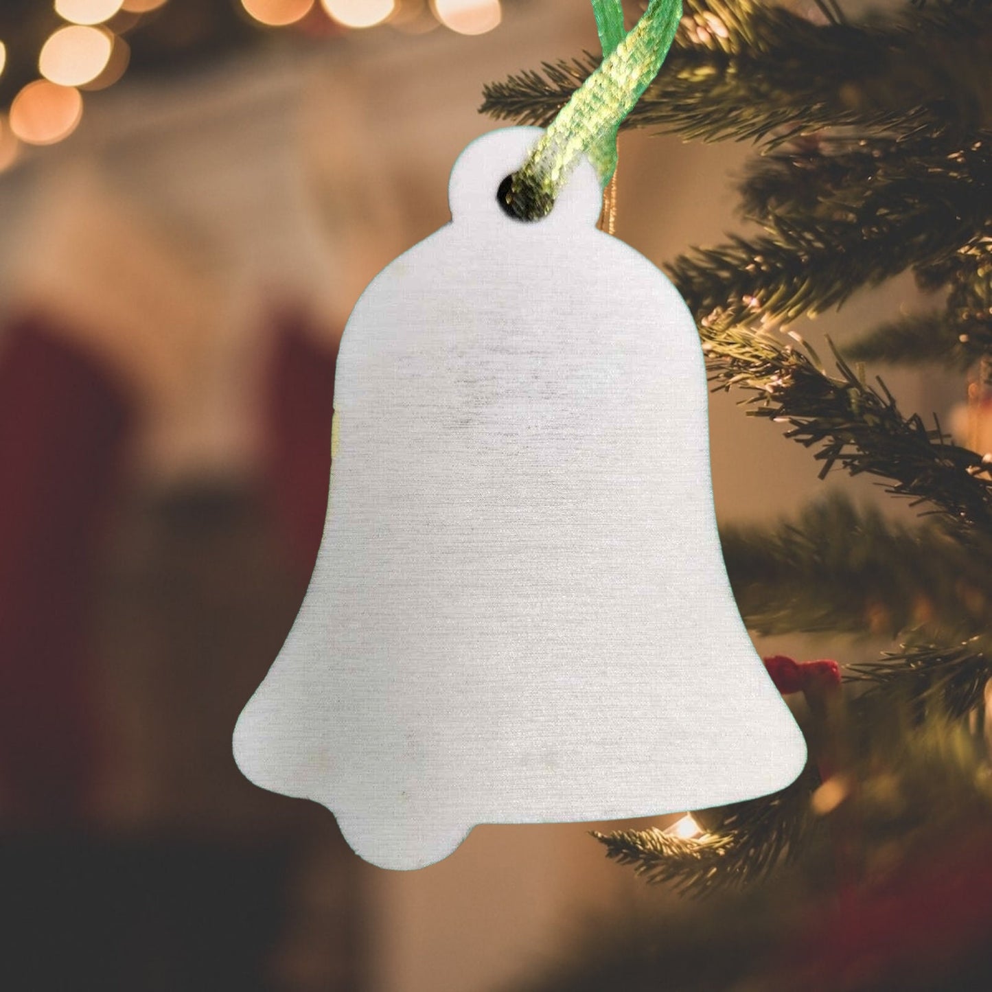 Handmade Christmas Ornament - Laser Cut Wooden Bell Shape Bauble with Tree, Brown Bear, and Moon Design