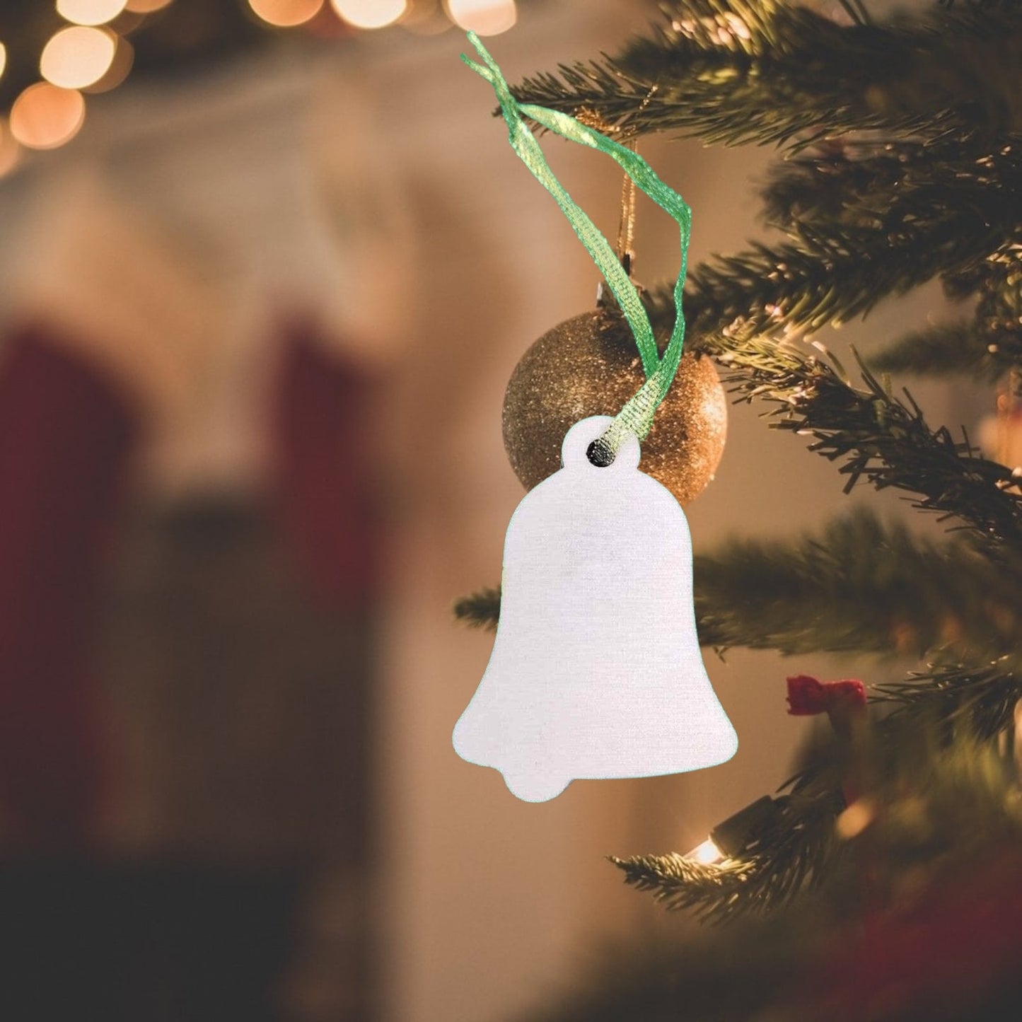 Handmade Christmas Ornament - Laser Cut Wooden Bell Shape Bauble with Tree, Brown Bear, and Moon Design