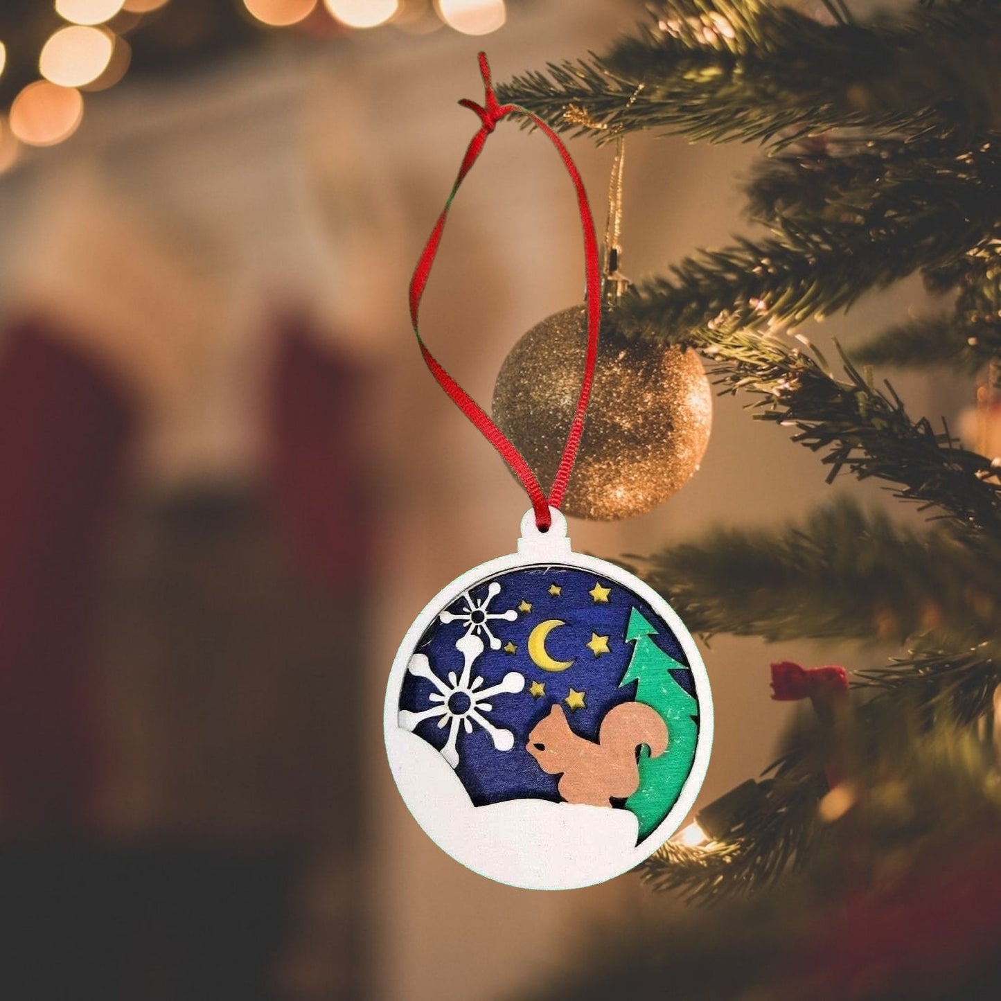 Squirrel Round Bauble Ornament | Handmade Christmas Decor, Snowflake Night Scene, Farmhouse Winter Holiday Decor