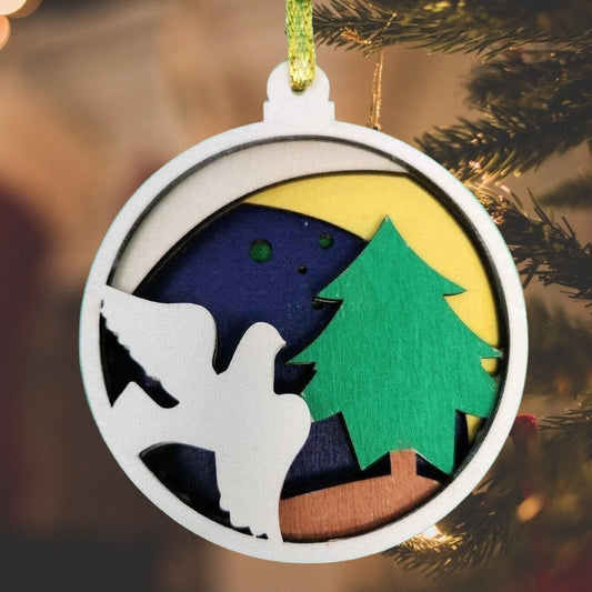 Wooden Round Christmas Tree Dove Night Scene Handmade Christmas Ornament, Farmhouse Winter Holiday Decor Xmas