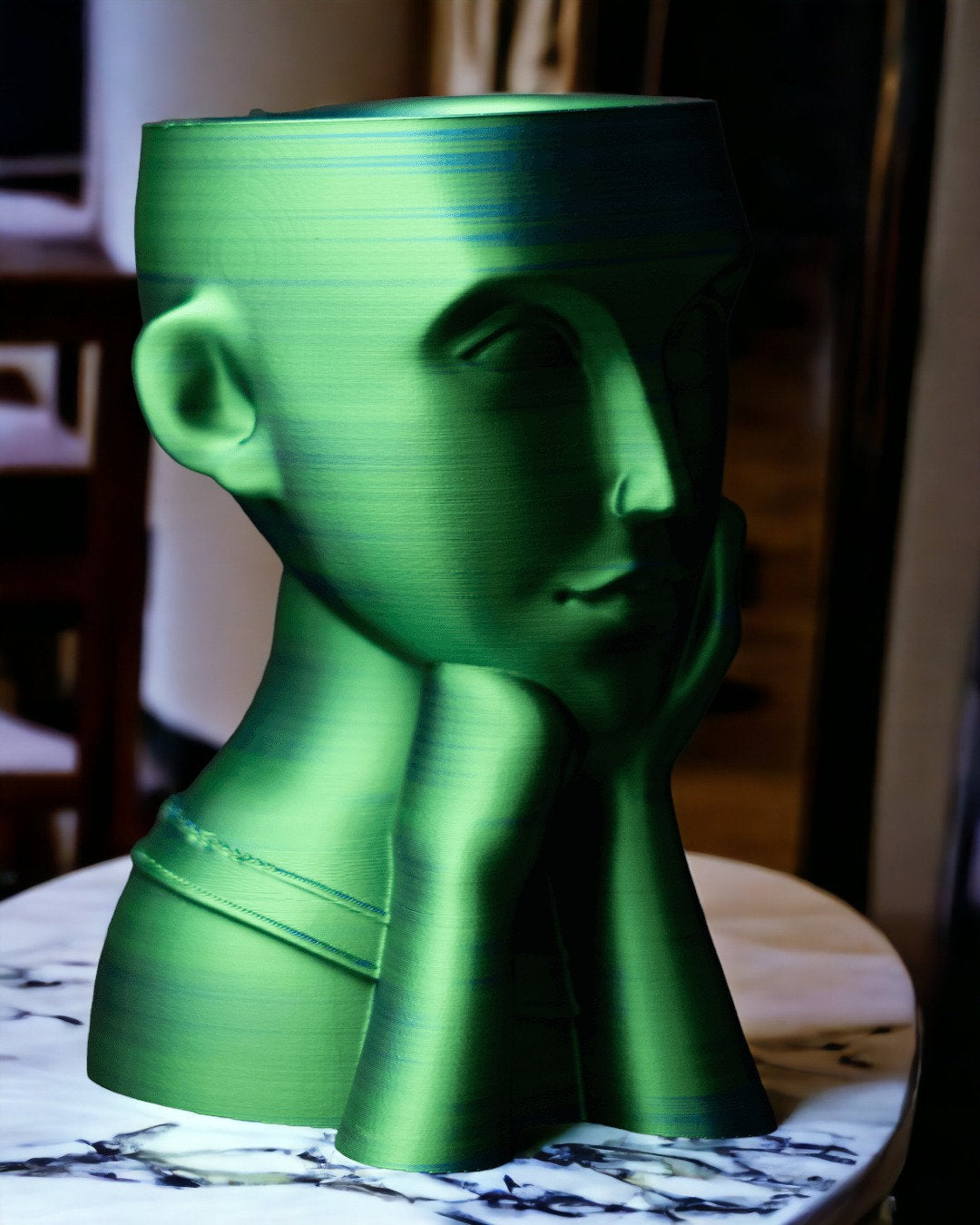 Woman's Face Vase Succulent Planter - 3D Printed Art for Greenery & Décor - Unique Thinking Pose, Art Girl Planter