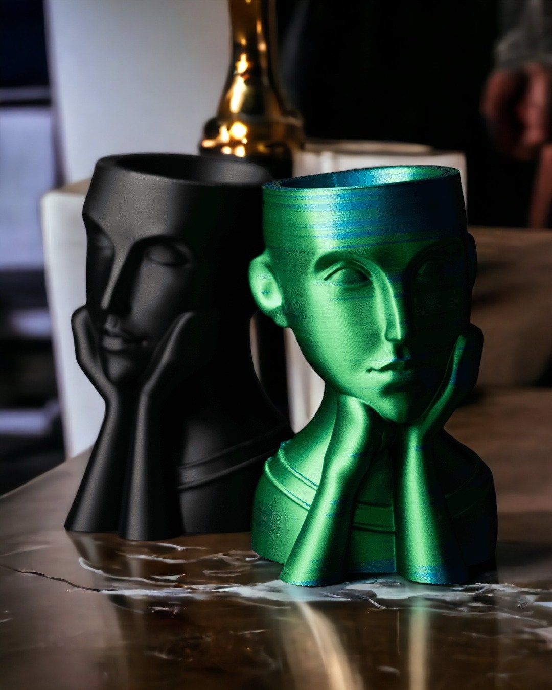 Woman's Face Vase Succulent Planter - 3D Printed Art for Greenery & Décor - Unique Thinking Pose, Art Girl Planter