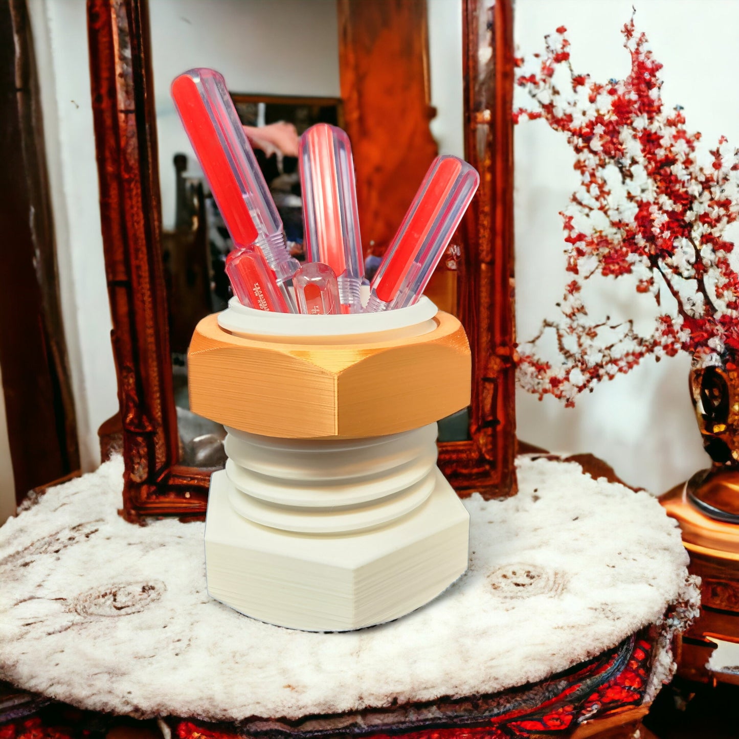 3D-Printed Big Bolt and Nut Pencil Holder Cup - Unique Desktop Decor