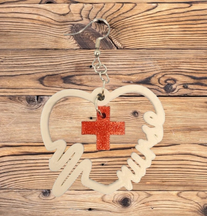 3D Printed Nurse Heart Medical RN Hook Earrings - Expressing Compassion Through Design