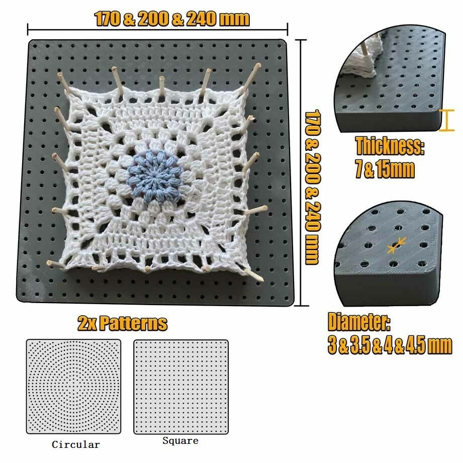 Crochet Granny Square or Round Blocking Board - 3D Printed Knitting Tool for Crafts - Perfect Gift