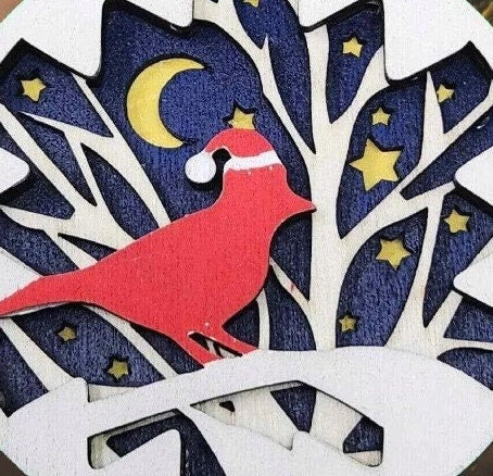 Handcrafted Wooden Cardinal with Santa Hat Ornament, Laser Cut Christmas Bauble, Forest Night Scene Holiday Decor