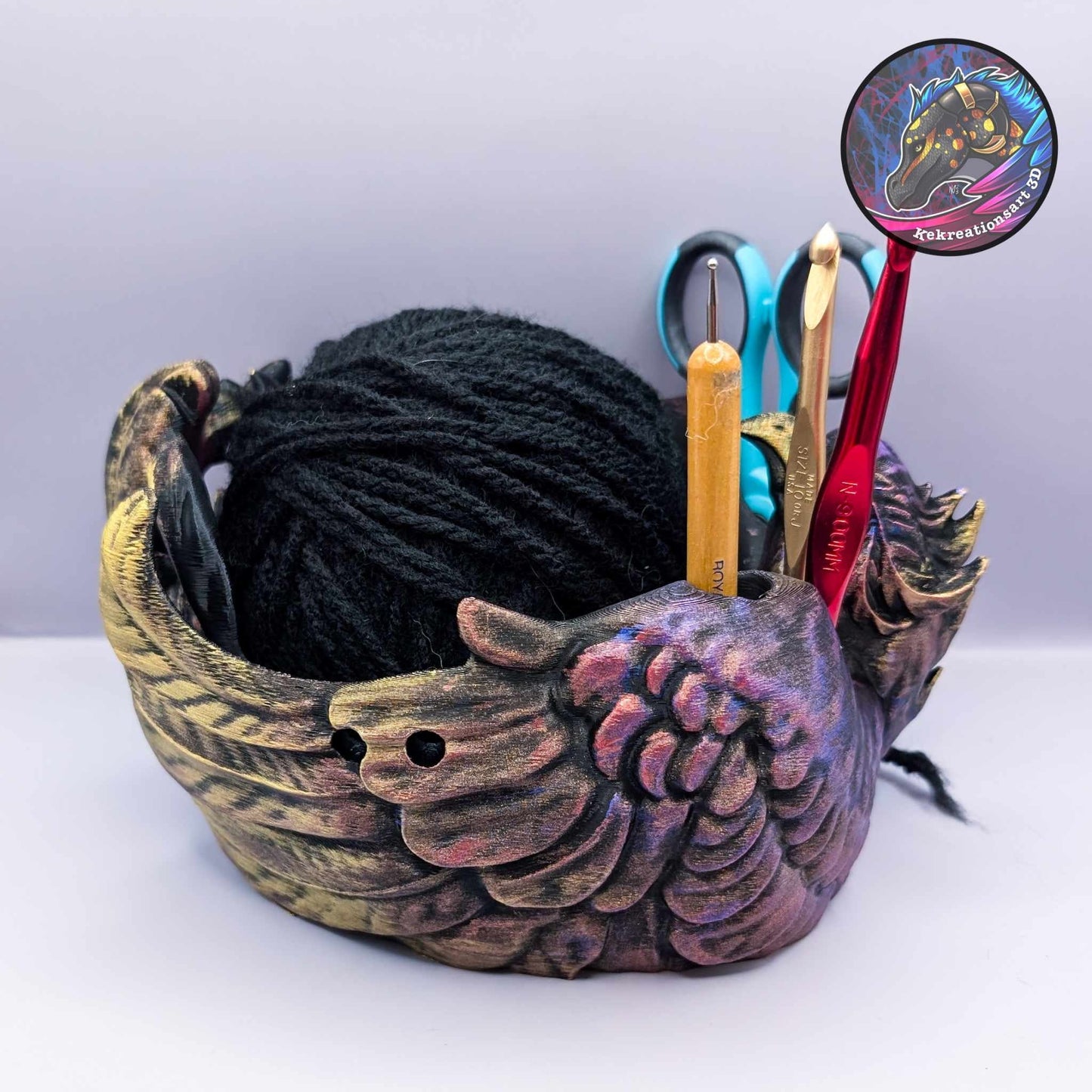Phoenix Yarn Bowl - Fantasy-Inspired 3D Printed Yarn Holder with Tool Holes, Firebird Knitting Accessory