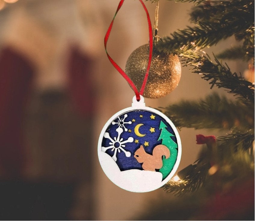 Squirrel Round Bauble Ornament | Handmade Christmas Decor, Snowflake Night Scene, Farmhouse Winter Holiday Decor