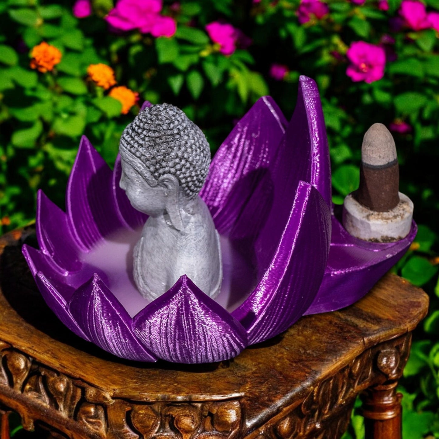 Incense Burner - Buddha in Lotus Flower Backflow Design | Altar Decor Perfect Gifts for Meditation & Relaxation