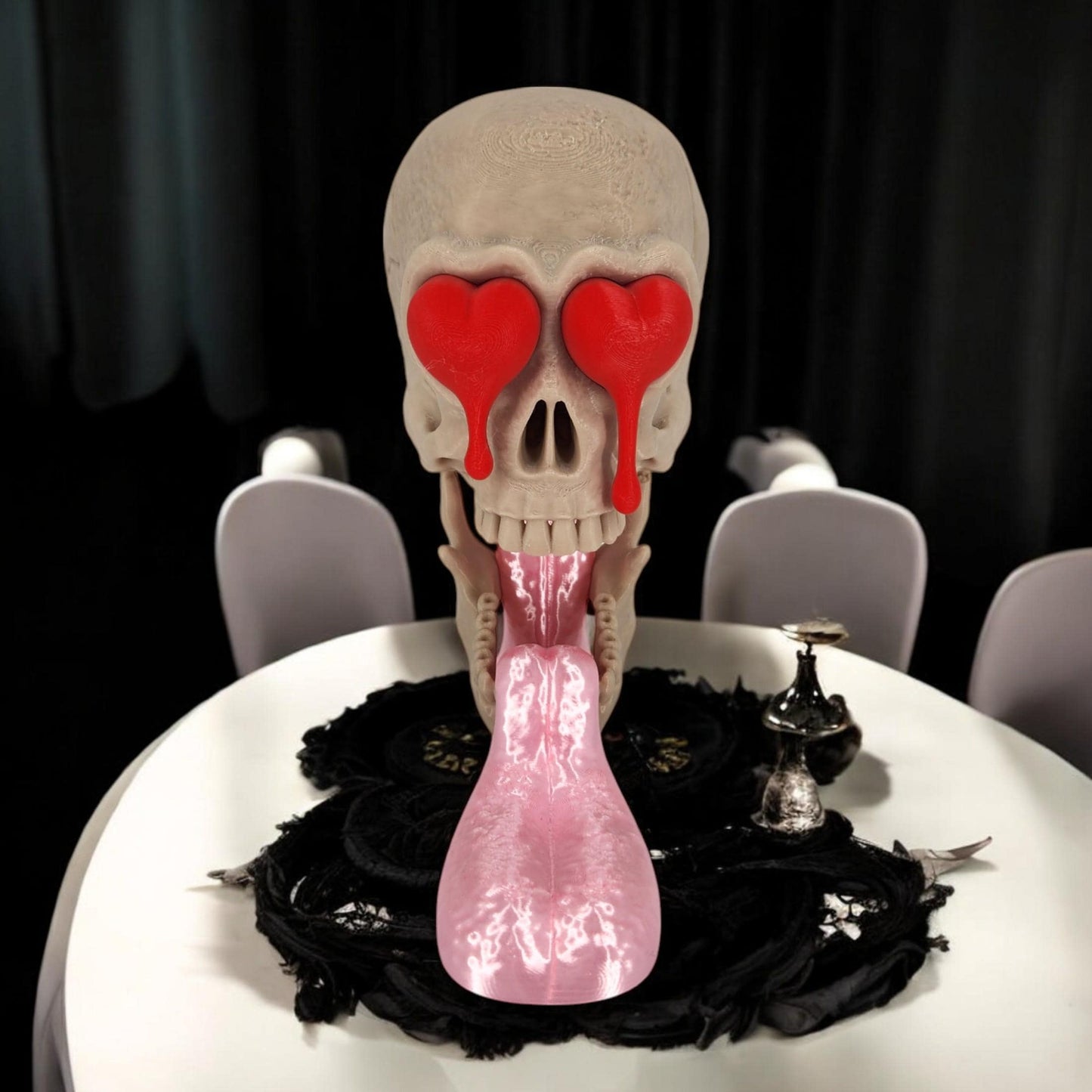 Skull with Tongue Out & Heart Eyes - "Love at First Death" Jaw Drop 3D Printed Decor, Unique Decor Gift for Gothic Lovers