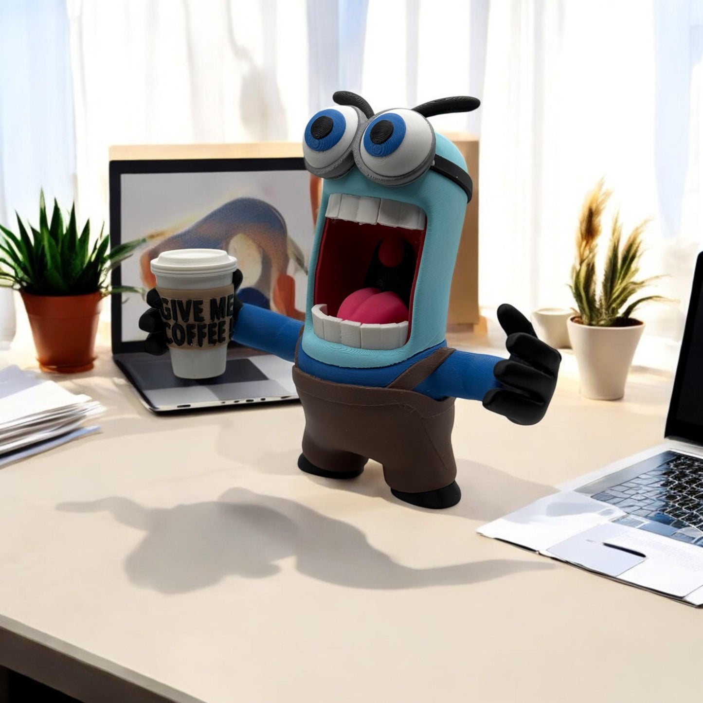 Coffee Monster Figure - GIVE ME COFFEE! 3D Printed Quirky Blue Monster with Java Cup of Joe Expressive Eyes - Gift for Coffee Lovers