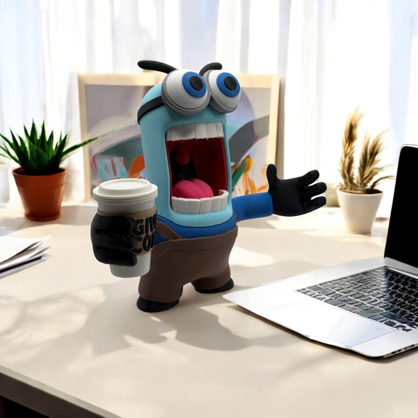 Coffee Monster Figure - GIVE ME COFFEE! 3D Printed Quirky Blue Monster with Java Cup of Joe Expressive Eyes - Gift for Coffee Lovers