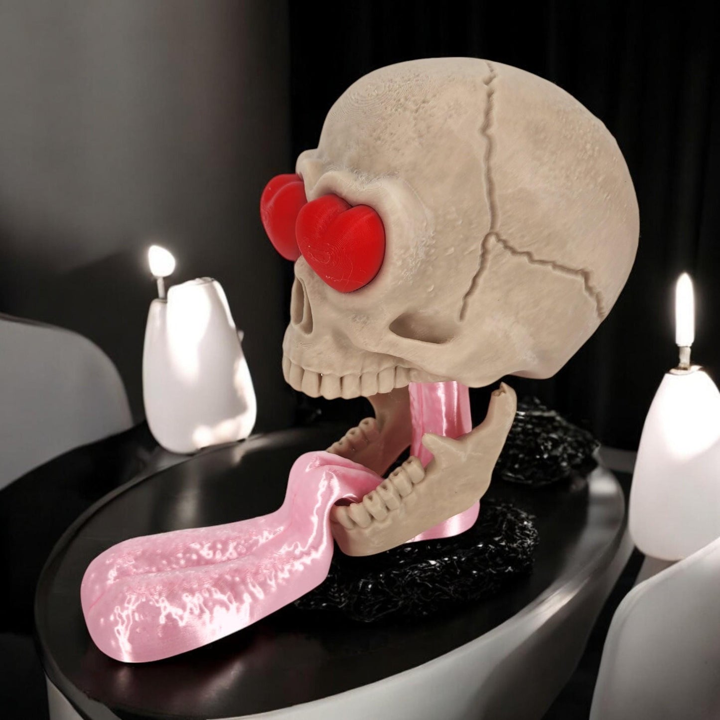Skull with Tongue Out & Heart Eyes - "Love at First Death" Jaw Drop 3D Printed Decor, Unique Decor Gift for Gothic Lovers
