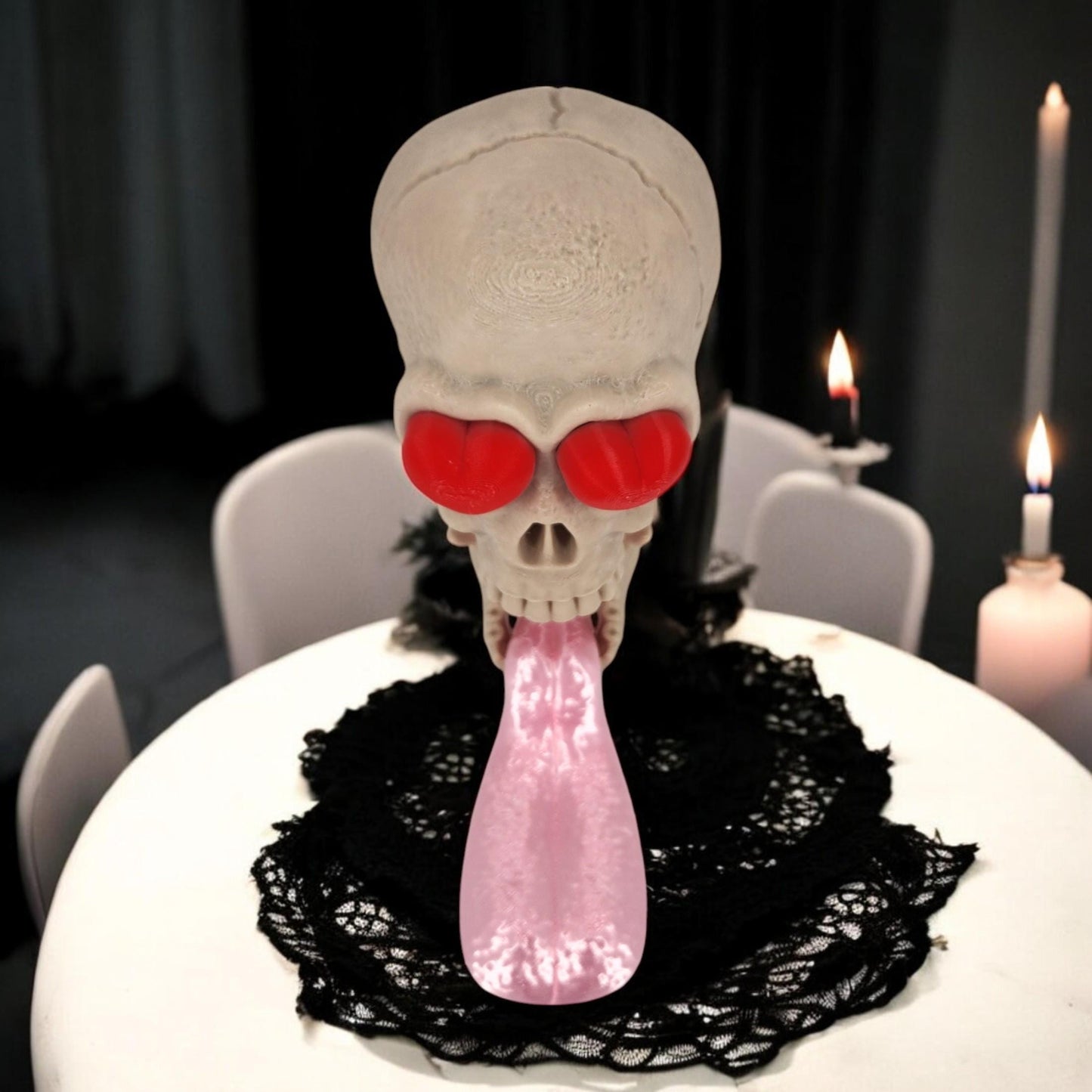 Skull with Tongue Out & Heart Eyes - "Love at First Death" Jaw Drop 3D Printed Decor, Unique Decor Gift for Gothic Lovers