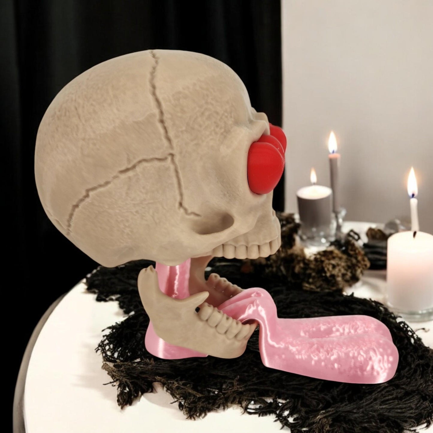Skull with Tongue Out & Heart Eyes - "Love at First Death" Jaw Drop 3D Printed Decor, Unique Decor Gift for Gothic Lovers
