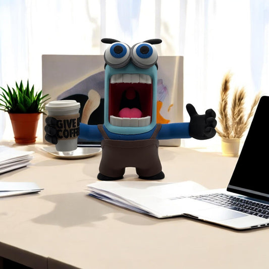 Coffee Monster Figure - GIVE ME COFFEE! 3D Printed Quirky Blue Monster with Java Cup of Joe Expressive Eyes - Gift for Coffee Lovers