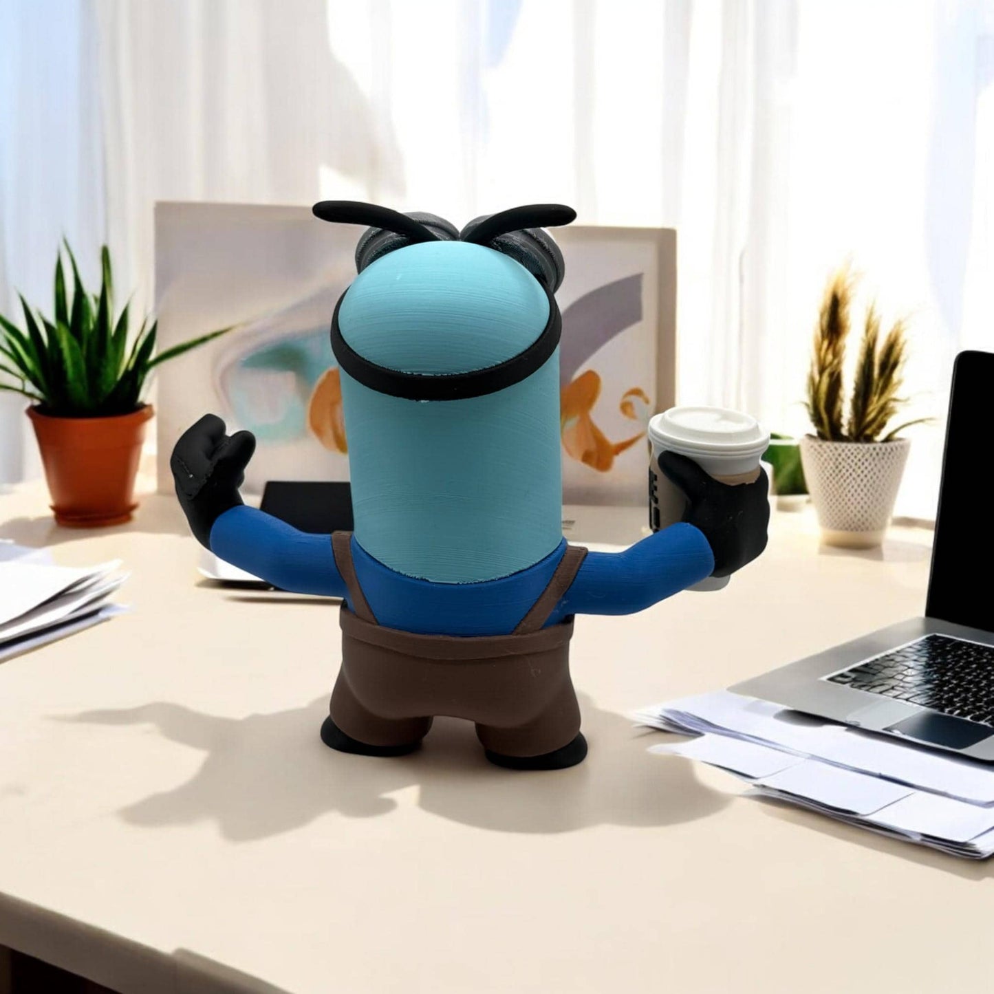 Coffee Monster Figure - GIVE ME COFFEE! 3D Printed Quirky Blue Monster with Java Cup of Joe Expressive Eyes - Gift for Coffee Lovers