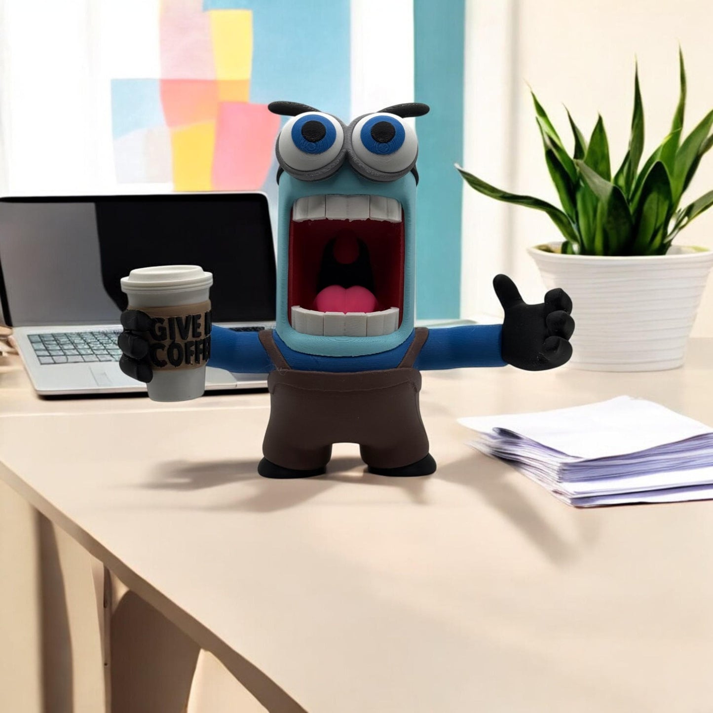 Coffee Monster Figure - GIVE ME COFFEE! 3D Printed Quirky Blue Monster with Java Cup of Joe Expressive Eyes - Gift for Coffee Lovers