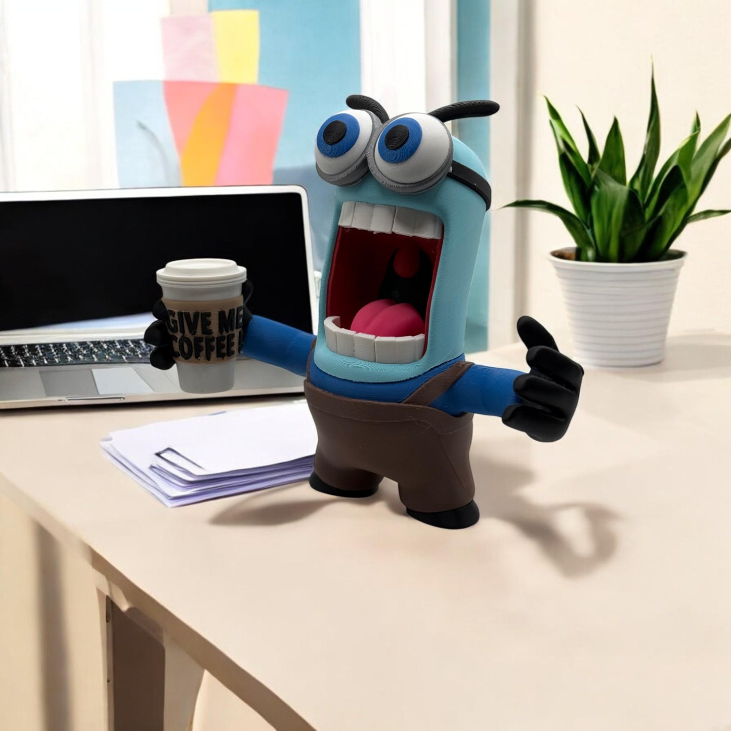 Coffee Monster Figure - GIVE ME COFFEE! 3D Printed Quirky Blue Monster with Java Cup of Joe Expressive Eyes - Gift for Coffee Lovers