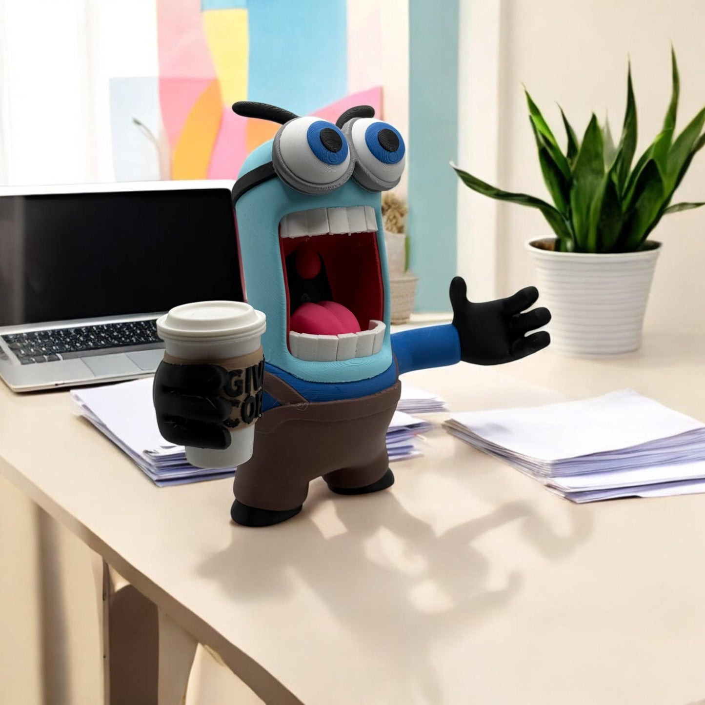 Coffee Monster Figure - GIVE ME COFFEE! 3D Printed Quirky Blue Monster with Java Cup of Joe Expressive Eyes - Gift for Coffee Lovers