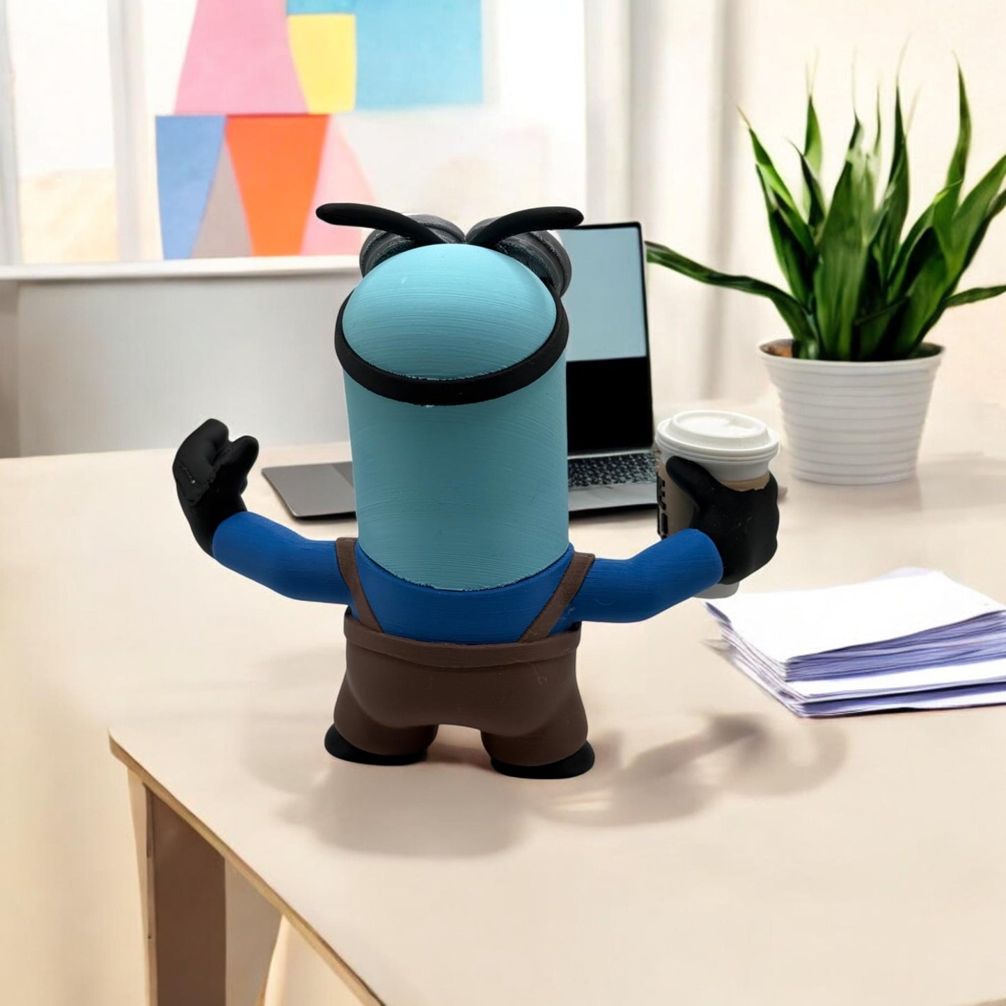 Coffee Monster Figure - GIVE ME COFFEE! 3D Printed Quirky Blue Monster with Java Cup of Joe Expressive Eyes - Gift for Coffee Lovers