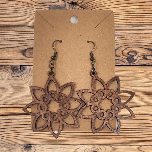 Geometric Flower Dangle Earrings | Laser-Cut Wooden Jewelry with Modern Elegance - French Hook