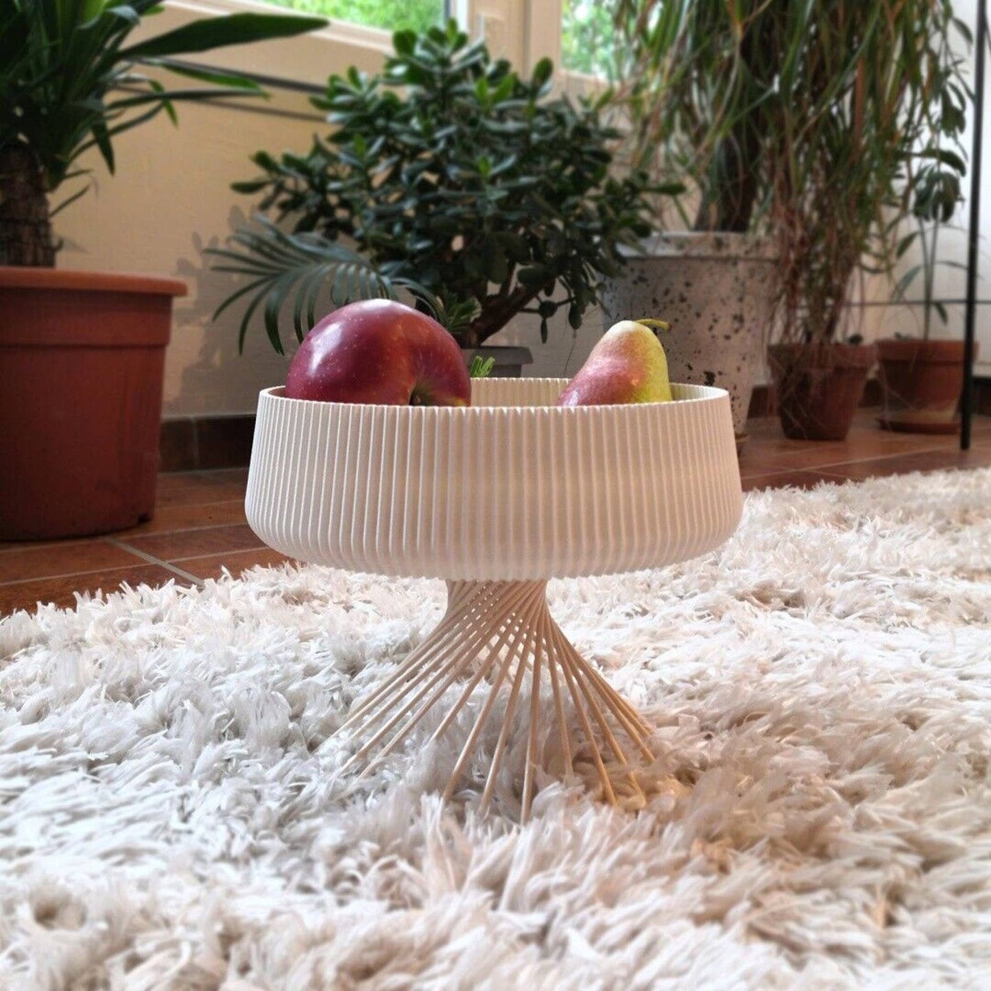 3D Printed Pedestal Bowl Art Deco Trinket Tray - Elegant Decorative Wooden Skewer Holder & Fruit Bowl - Fire Design