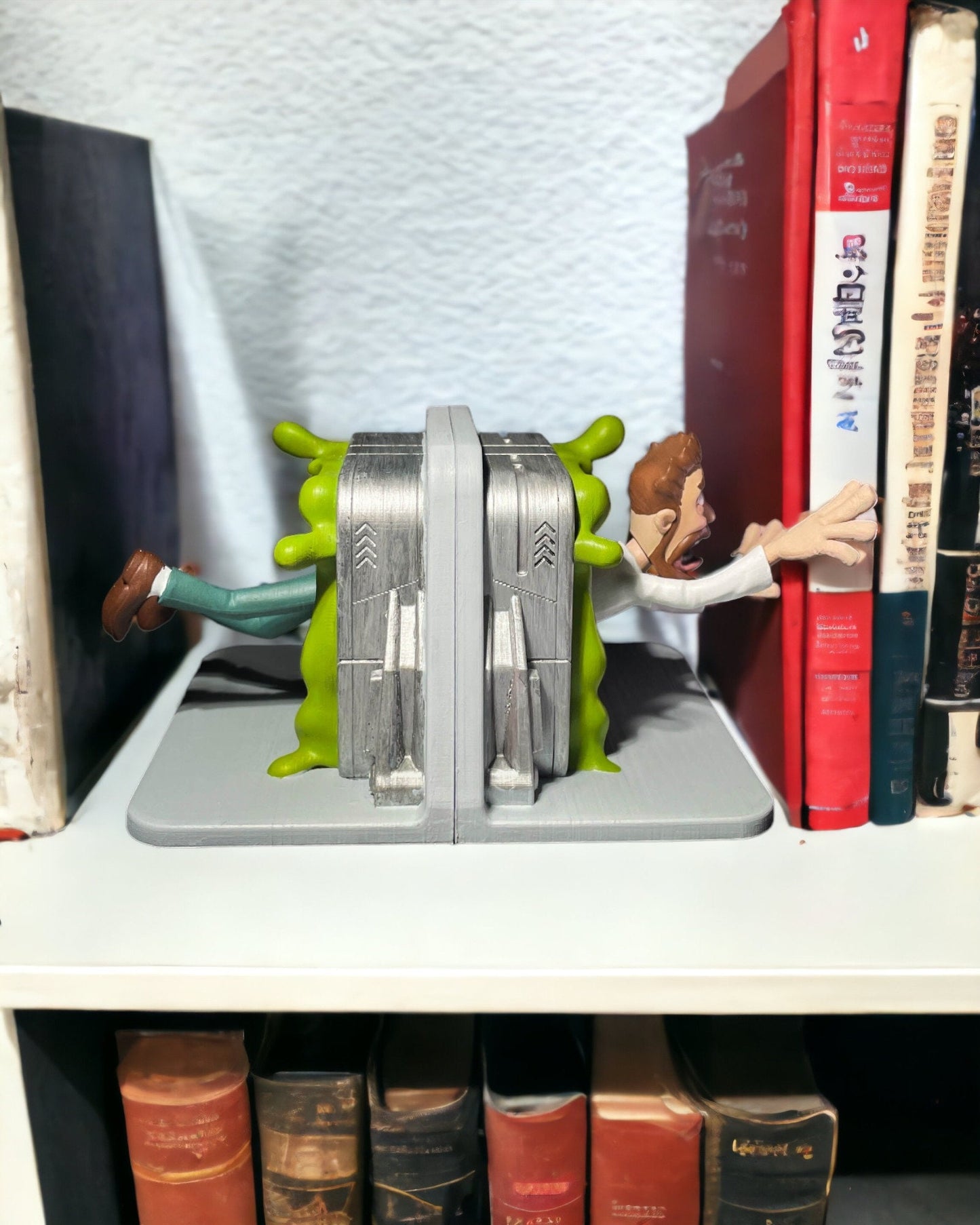 Quirky Man Going Through Portal Bookends - Alien Time Tunnel Theme 3D Printed Bookshelf Decor