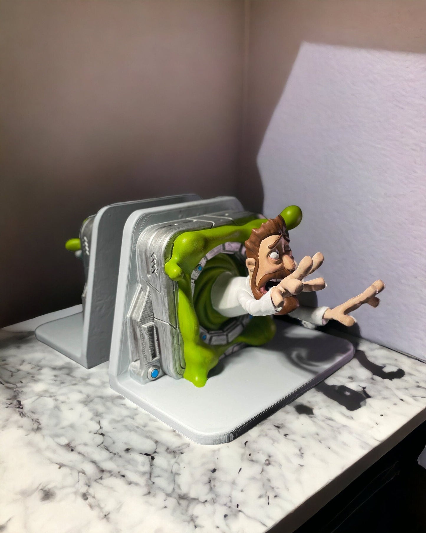 Quirky Man Going Through Portal Bookends - Alien Time Tunnel Theme 3D Printed Bookshelf Decor