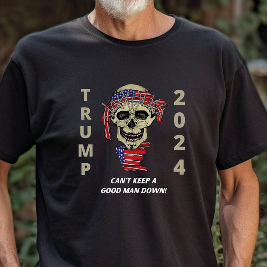 Trump 2024 Re-Elect Support T-Shirt - Vote, Vibrant Skull Flag Design, Can't Keep a Good Man Down Patriot Shirt