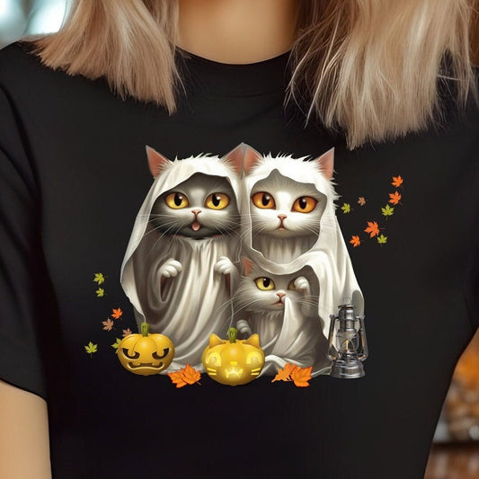 Spooky Cat Ghost Trio Shirt - Halloween Ghost Cats Tee - Cute & Mysterious Cat,  Unique Cat Ghost Trio T-Shirt - Shy, Cute and Spooky