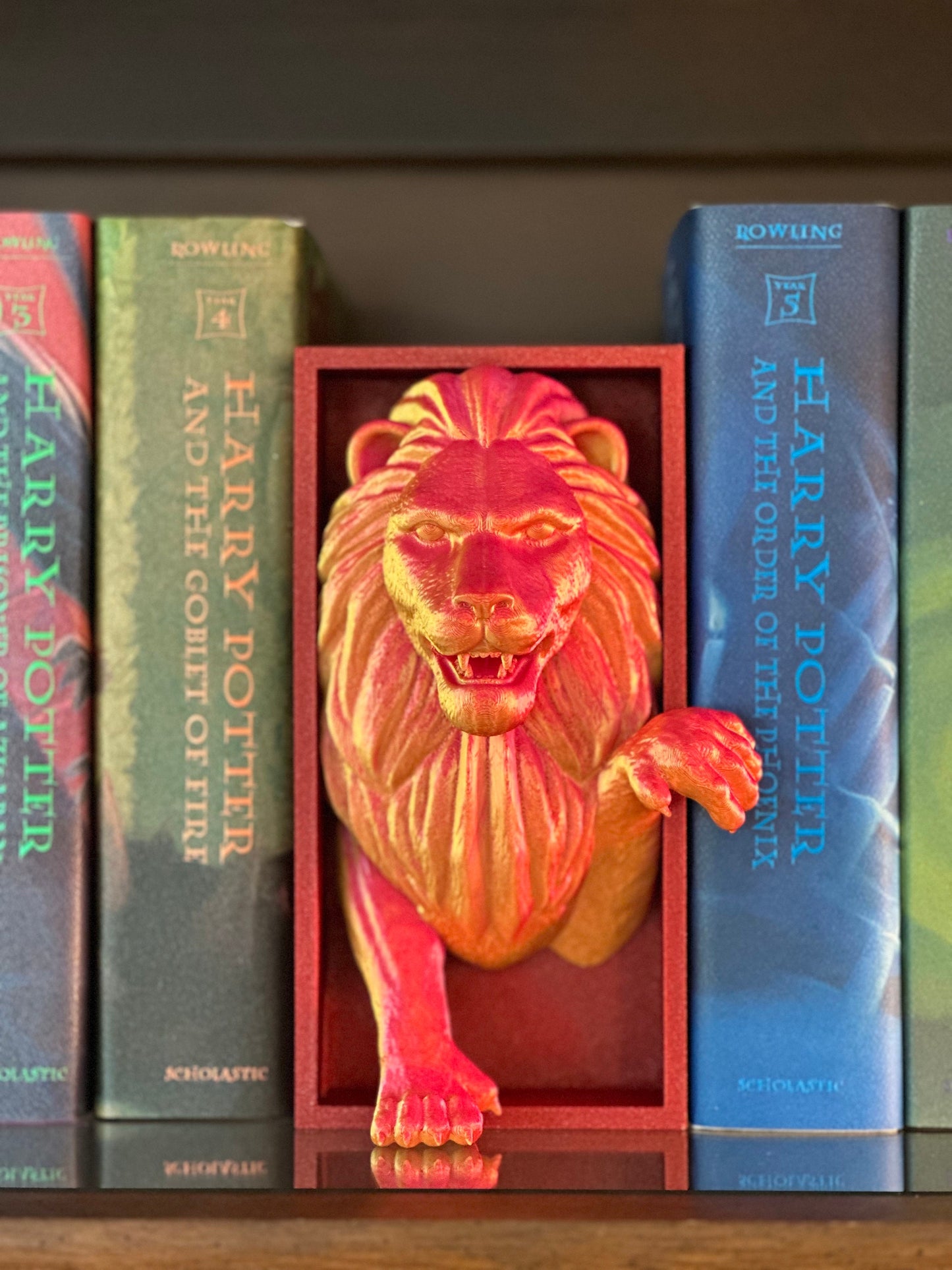 Gryffindor Lion Emerging: 3D Printed Book Nook D and D Fantasy Horror Enthusiasts Shelf Decor End