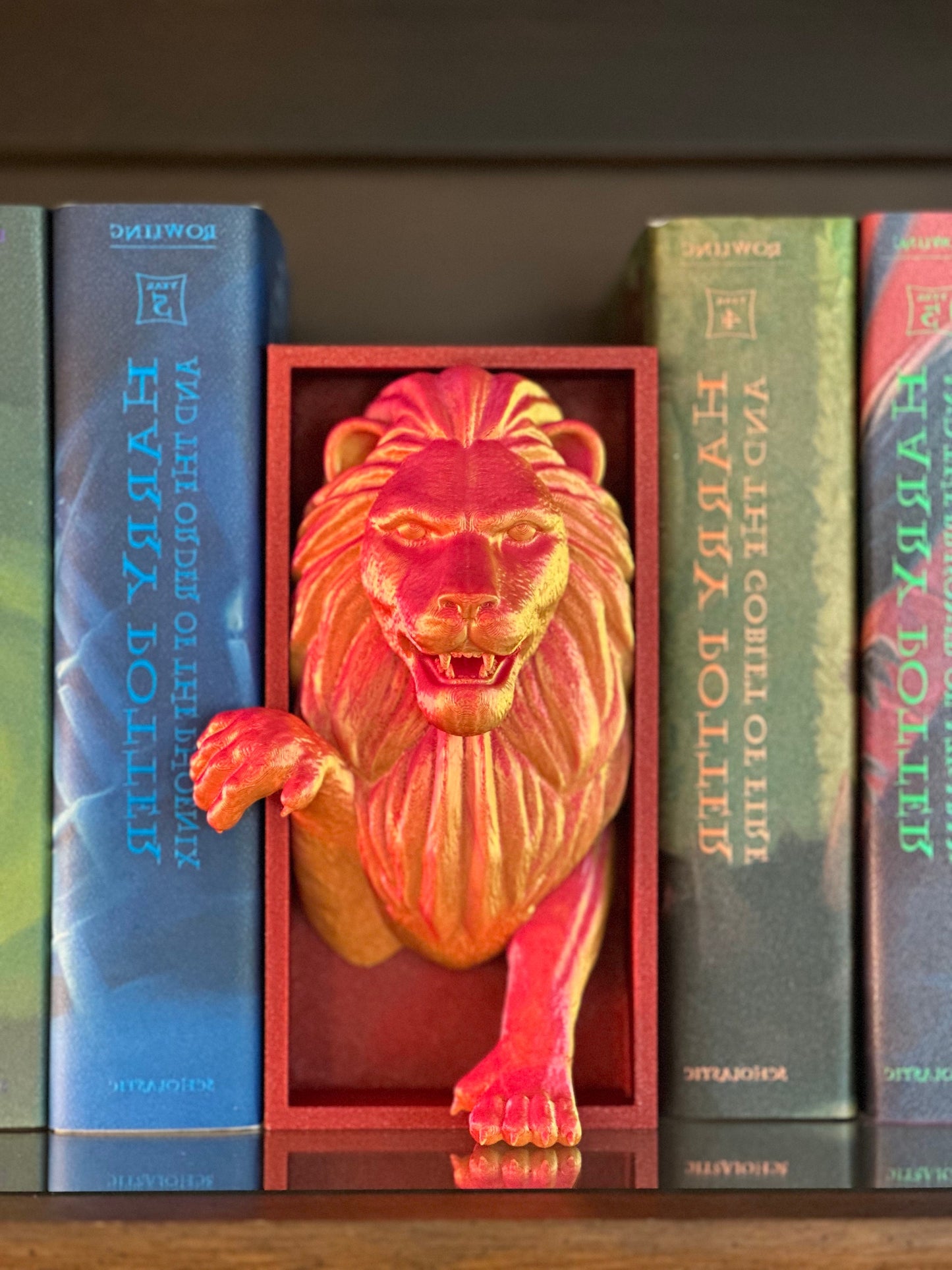 Gryffindor Lion Emerging: 3D Printed Book Nook D and D Fantasy Horror Enthusiasts Shelf Decor End