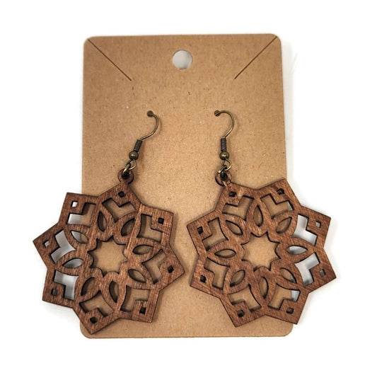 Bohemian Wood Filigree Star Mandala Earrings | Laser Cut Lightweight Teardrop hook dangles