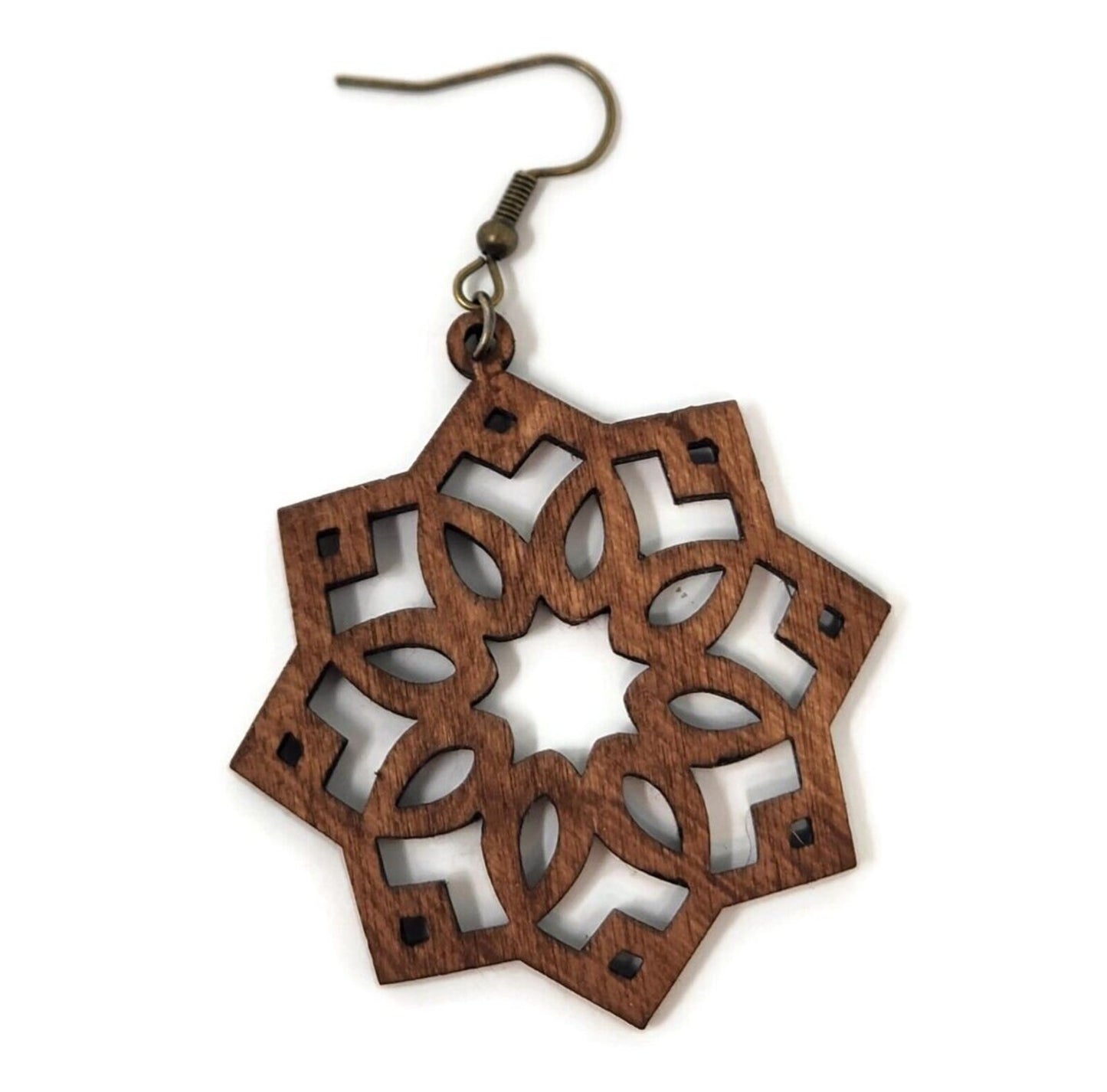 Bohemian Wood Filigree Star Mandala Earrings | Laser Cut Lightweight Teardrop hook dangles