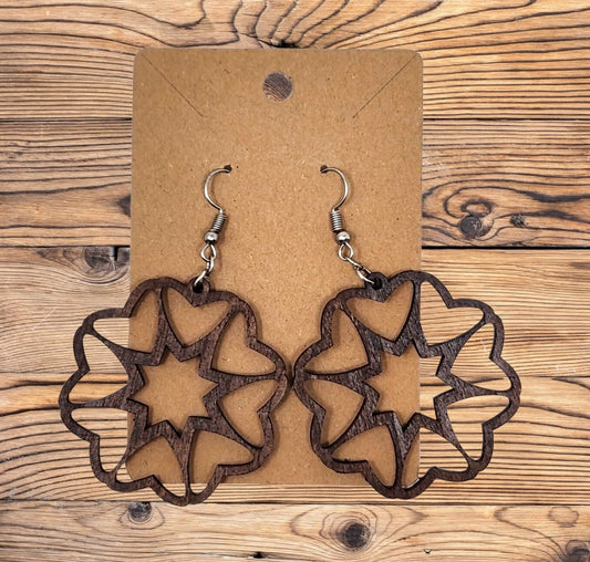 Heart Flower Mandala Earrings - Handmade Laser-Cut Wood Dangle Earrings, Boho Chic Jewelry"
