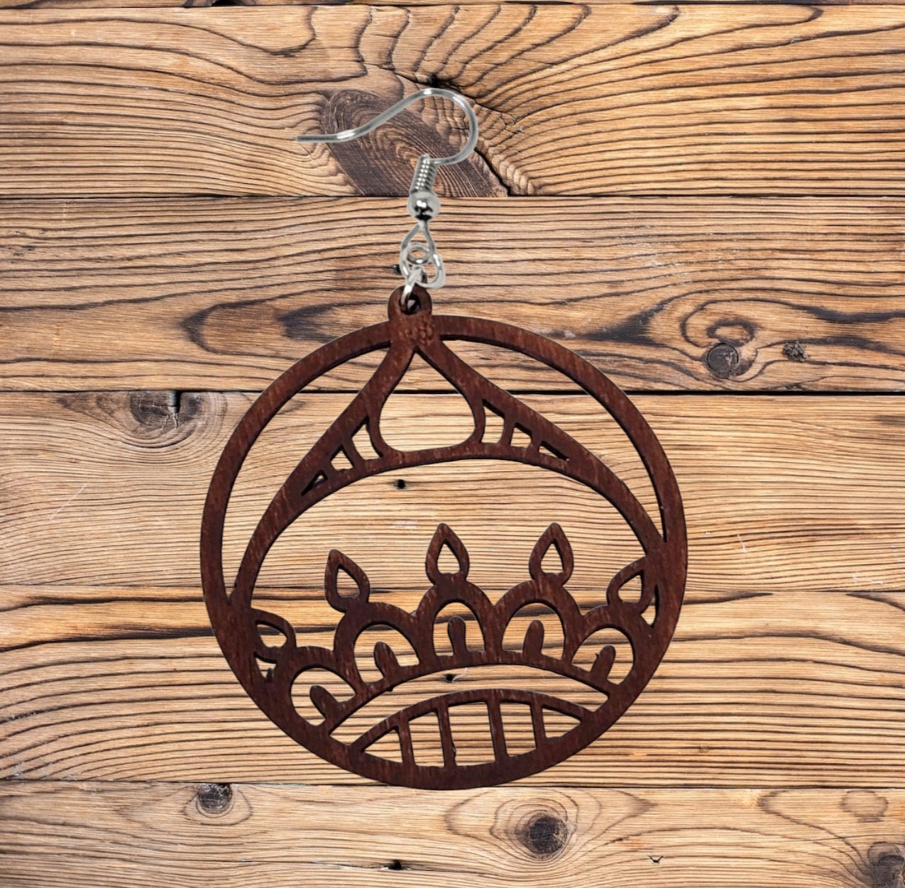 Handcrafted Enlightenment Candle Wood Mandala Hook Earrings - Festive Laser Cut Jewelry for Christmas and Hanukkah