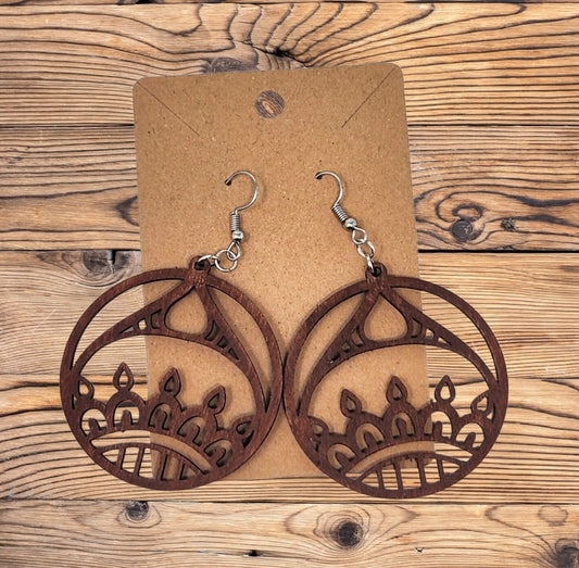 Handcrafted Enlightenment Candle Wood Mandala Hook Earrings - Festive Laser Cut Jewelry for Christmas and Hanukkah
