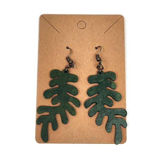 Colorful Algae Leaf Dangle Earrings | Hand-Painted Wood Jewelry, Laser-Cut Nature Inspired