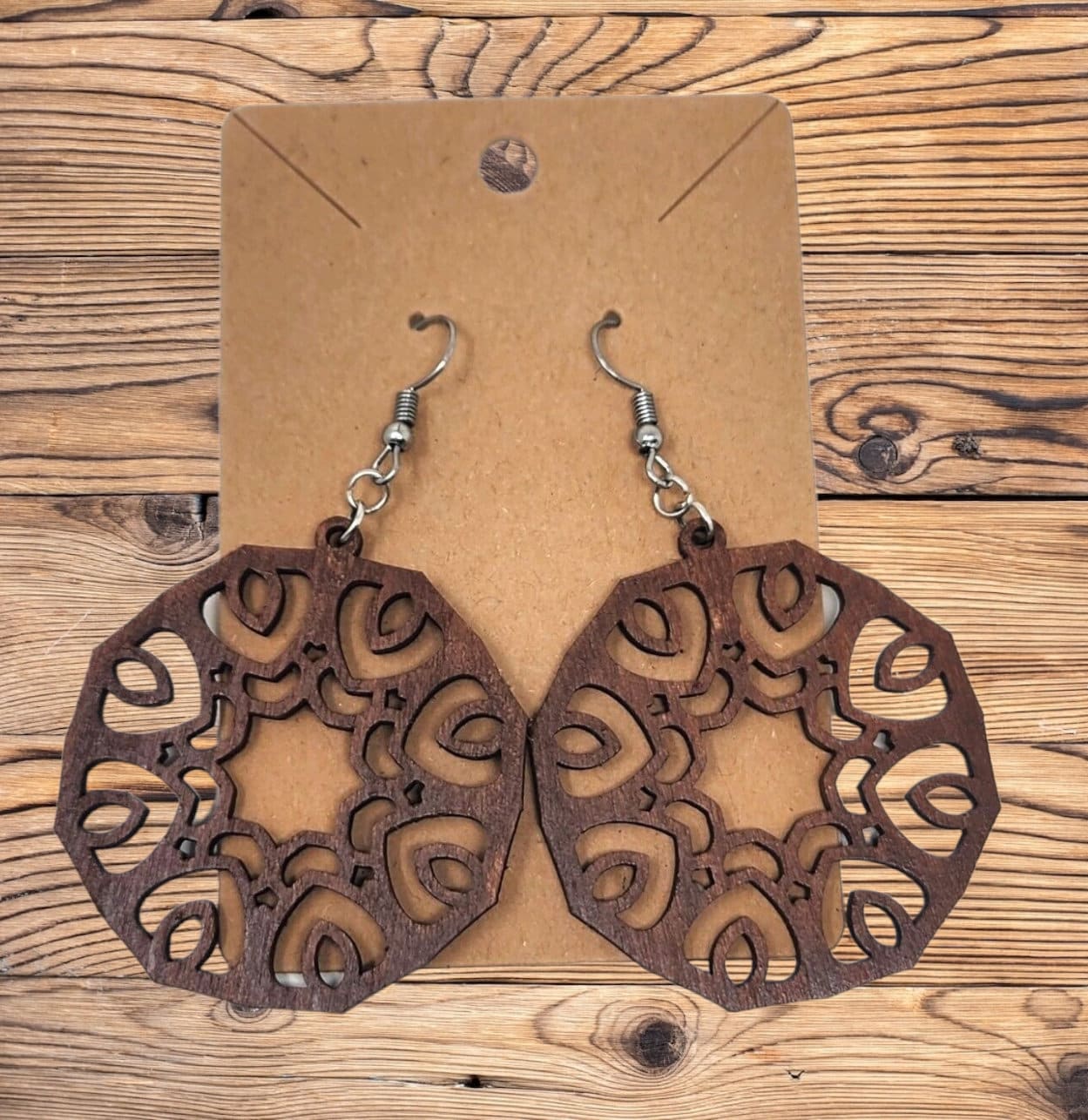 Geometric Mandala Boho Hook Earrings - Laser Cut Wood Dangle Earrings, Modern Artistic Jewelry