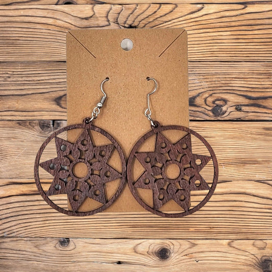 Handmade Laser-Cut Wood Dangle Starburst Mandala Hook Earrings - Boho Chic Jewelry