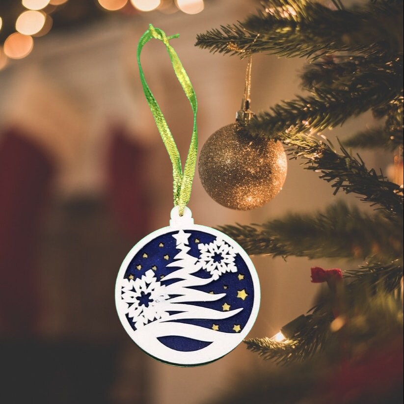 Handmade Wooden Christmas Ornament: Laser Cut Snowflakes on a Round Bauble, Tree Decoration