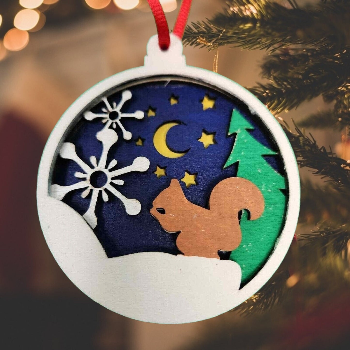 Wooden Round Bauble Squirrel Snowflake Night Scene Handmade Christmas Ornament, Farmhouse Winter Holiday Decor Xmas