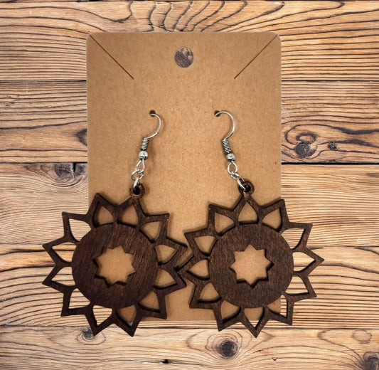 Handcrafted Wood Mandala Sunflower Earrings - Laser Cut, Nature-Inspired Boho Jewelry